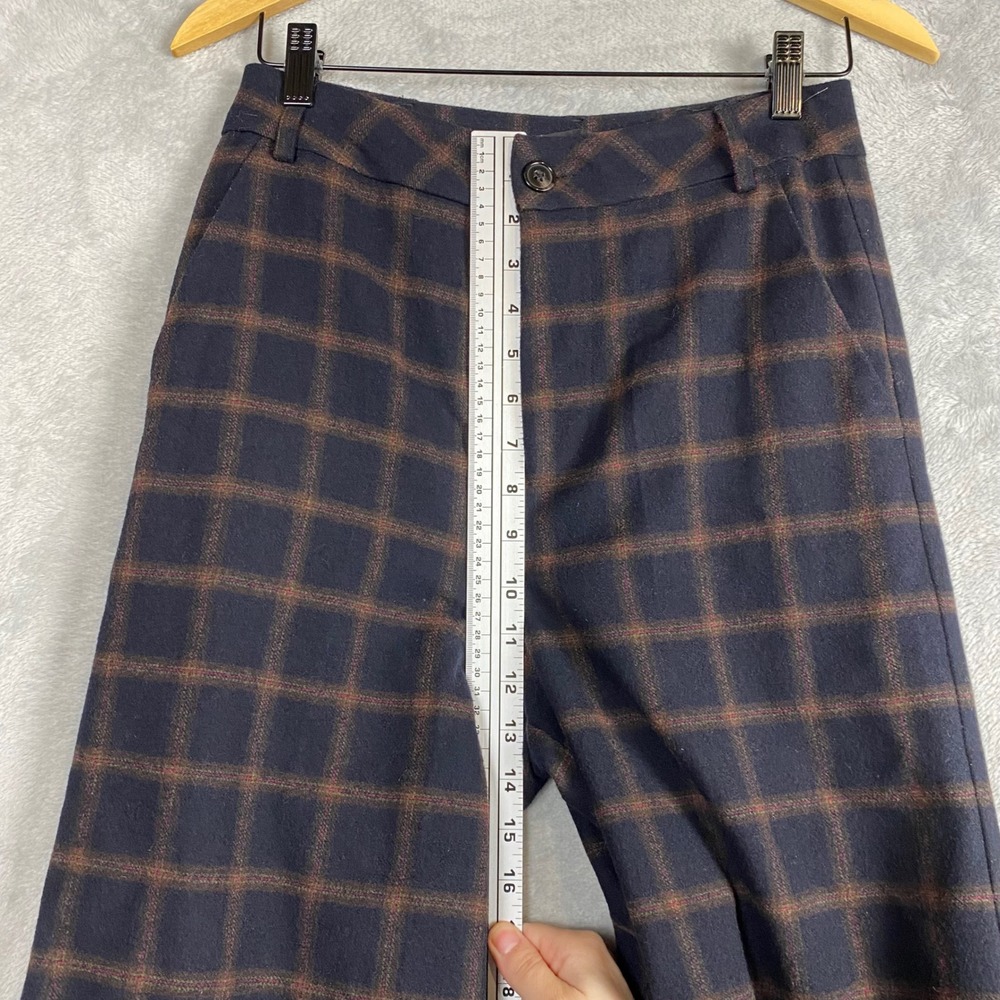 Wyeth Womens Plaid Wool Blend Wide Leg Trousers Navy Brown High Rise Pants 2 - Picture 5 of 8